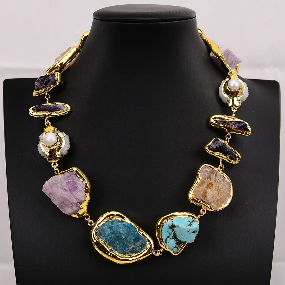 G-G 18'' Natural Big Semi Precious Stone Rough Raw Amethyst Citrine Turquoise Apaite Pearl Chokers Necklace Handmade