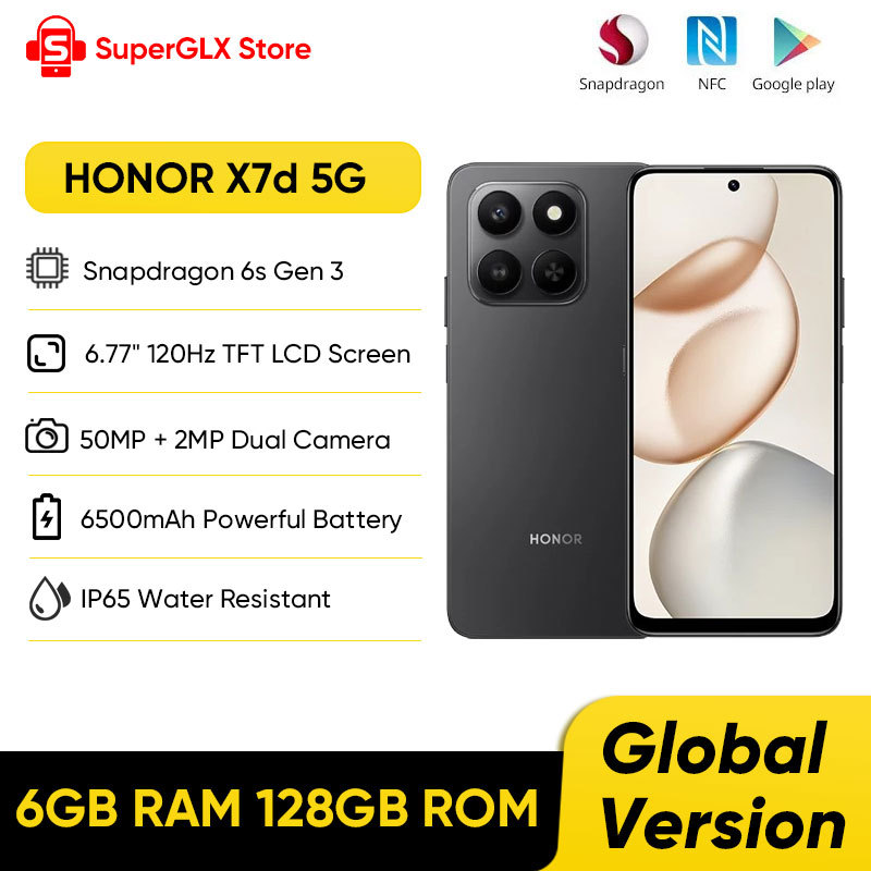  2025 New HONOR X7d 5G Smartphone Snapdragon 6s Gen 3 6.77'' TFT LCD Screen AI camera 6500mAh Supports 35W fast charging IP65 