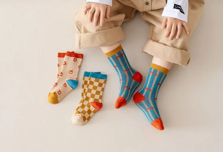 Vintage karierte gestreifte Kinder-Crew-Socken, weiche, atmungsaktive Baumwolle, Retro-geometrische Socken für Jungen und Mädchen, Alltagssocken für die Schule und Freizeit – Detail 12