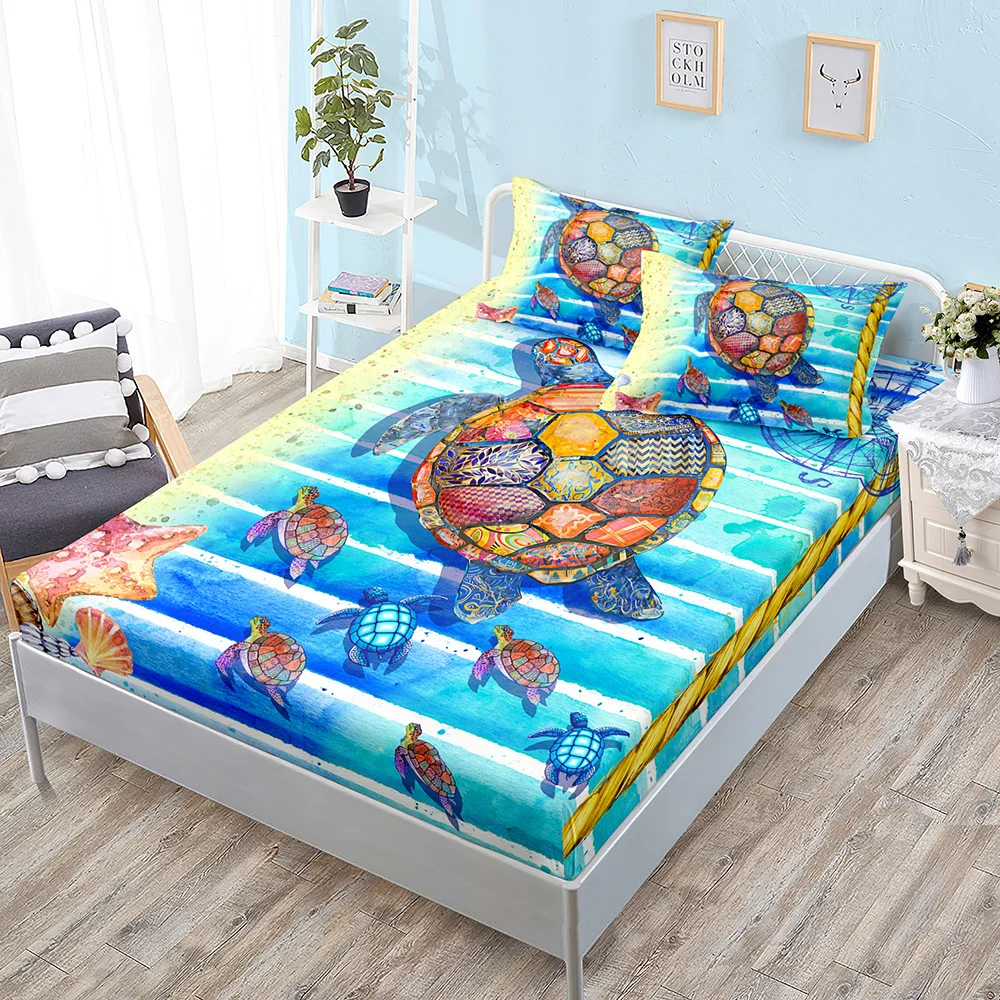 Ocean World Turtle Fitted Sheet Bed Mattress Protector Fashion Bedding Elastic Bed Sheets Kids Twin Full Queen King Bed Cover