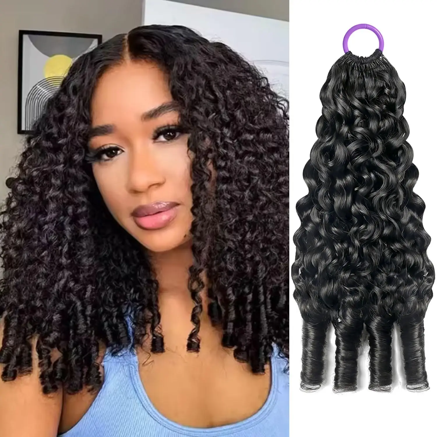 300g Burmese Curly Feather Crochet Human Hair Knotless Pre-Separated Burmese Curly Bundles Human Hair 28 30 Inch 3C4A Lightweight Reusable Remy Hair Extensions for Women Natural Black