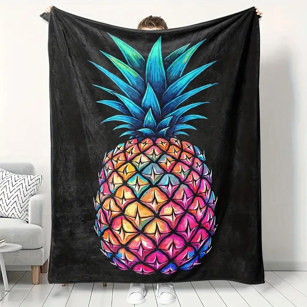 Vibrant Tropical Pineapple Art Throw Blanket Black Fleece Decoration Cozy Home Decor Gift for Living Room Sofa