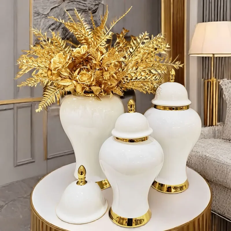 Gold Electroplated Ceramic Ginger Jar Vase Art Home Decor Porcelain with Room Decoration Living Room Furniture Home