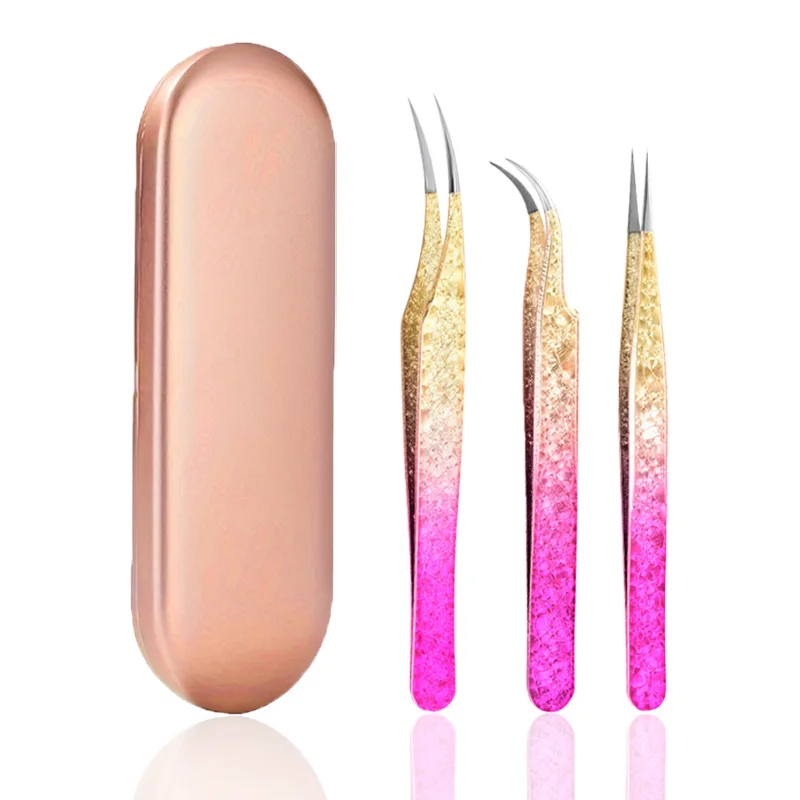 まつげエクステピンセット,高品質のステンレス鋼の精密ピンセット,湾曲したまっすぐな先端,完璧な眉の形,1個,3個