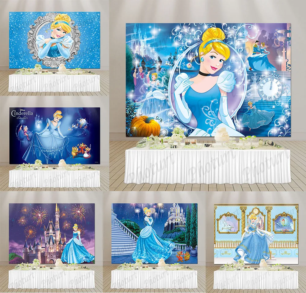 Princess Cinderella Backdrop Girl Birthday Party Photo Background Disneyland Blue Castle Polyester Vinyl Decoration Props