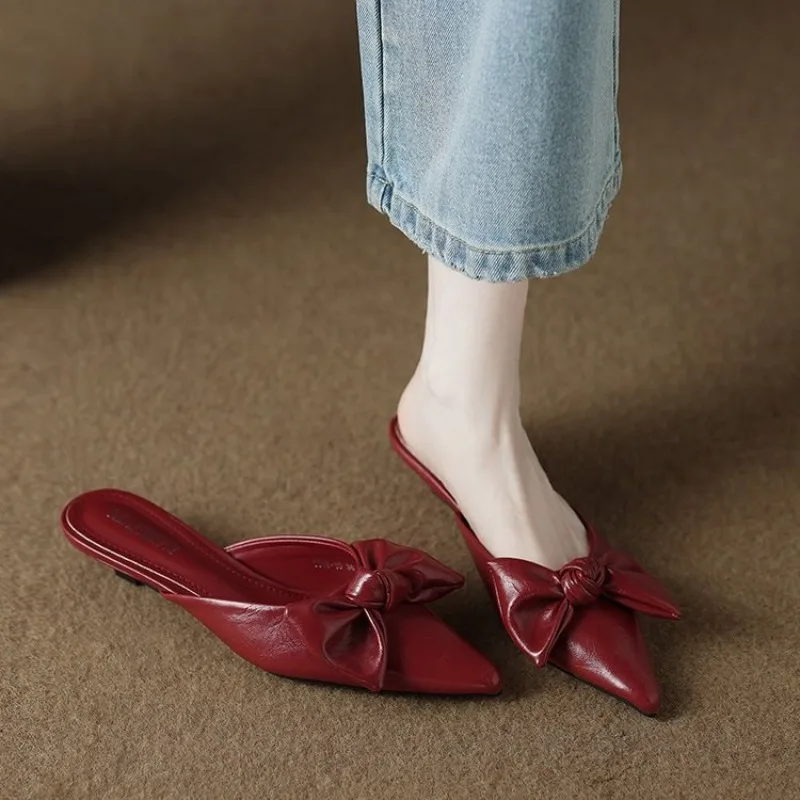 Bow Baotou Half Slippers 2026 Summer New Pointed Toe Back Empty Heels