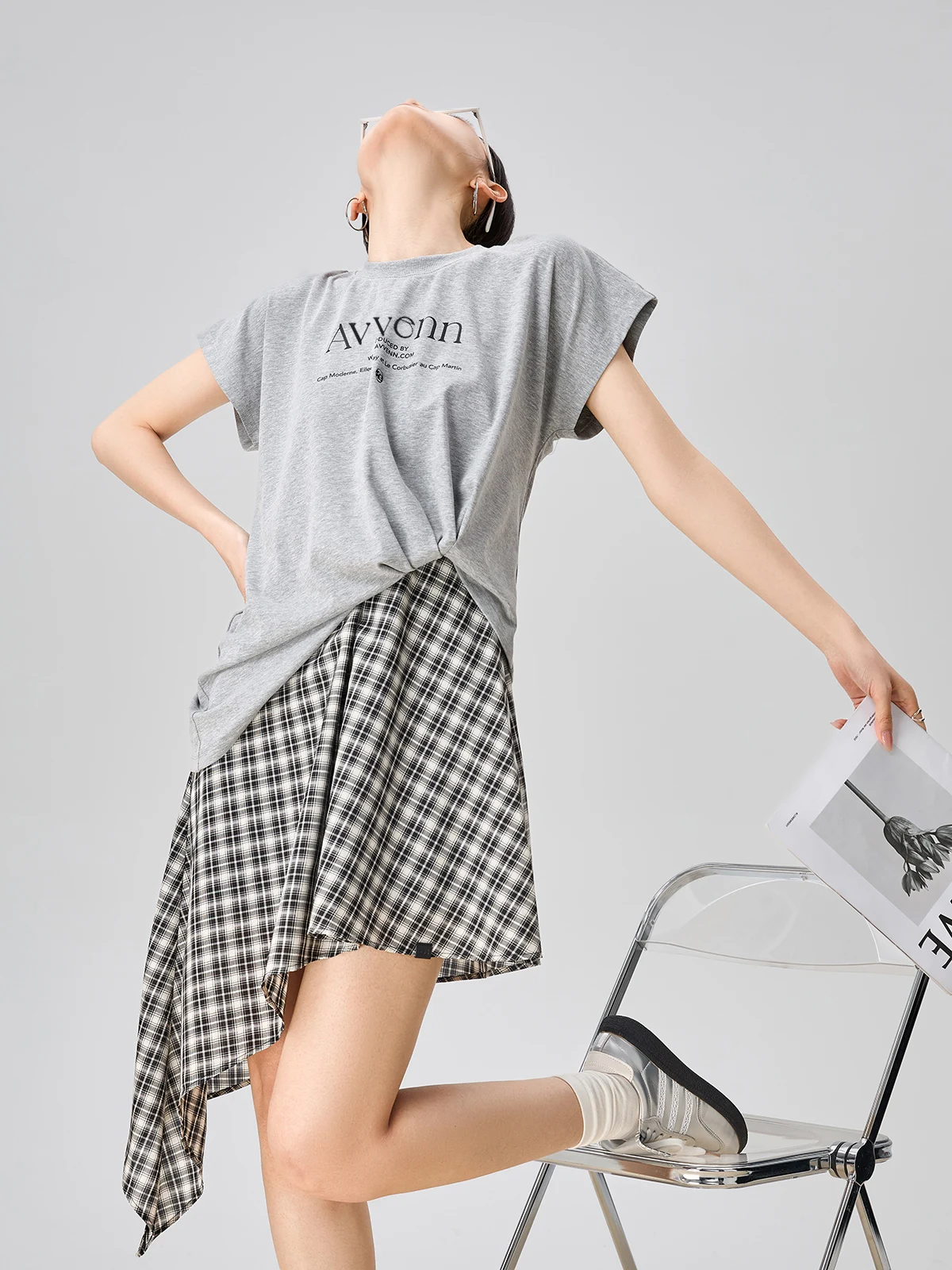 

Женская летняя повседневная юбка А-силуэта из полиэстера с асимметричной талией, в клетку, с пэчворком, с круглым вырезом