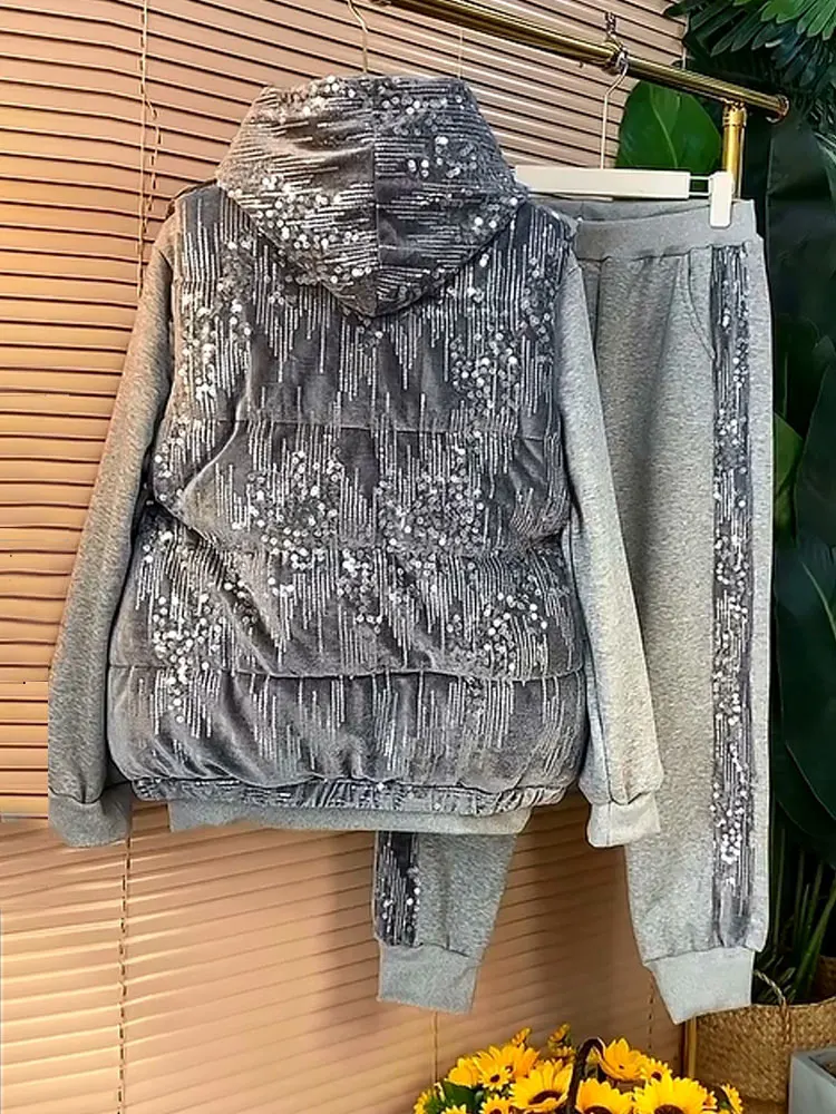 European Winter Large Size Women Fashion Beaded Sequin Sweatshirt Pants Plush Vest Three-piece Sets Heavy Industry Hooded Tops