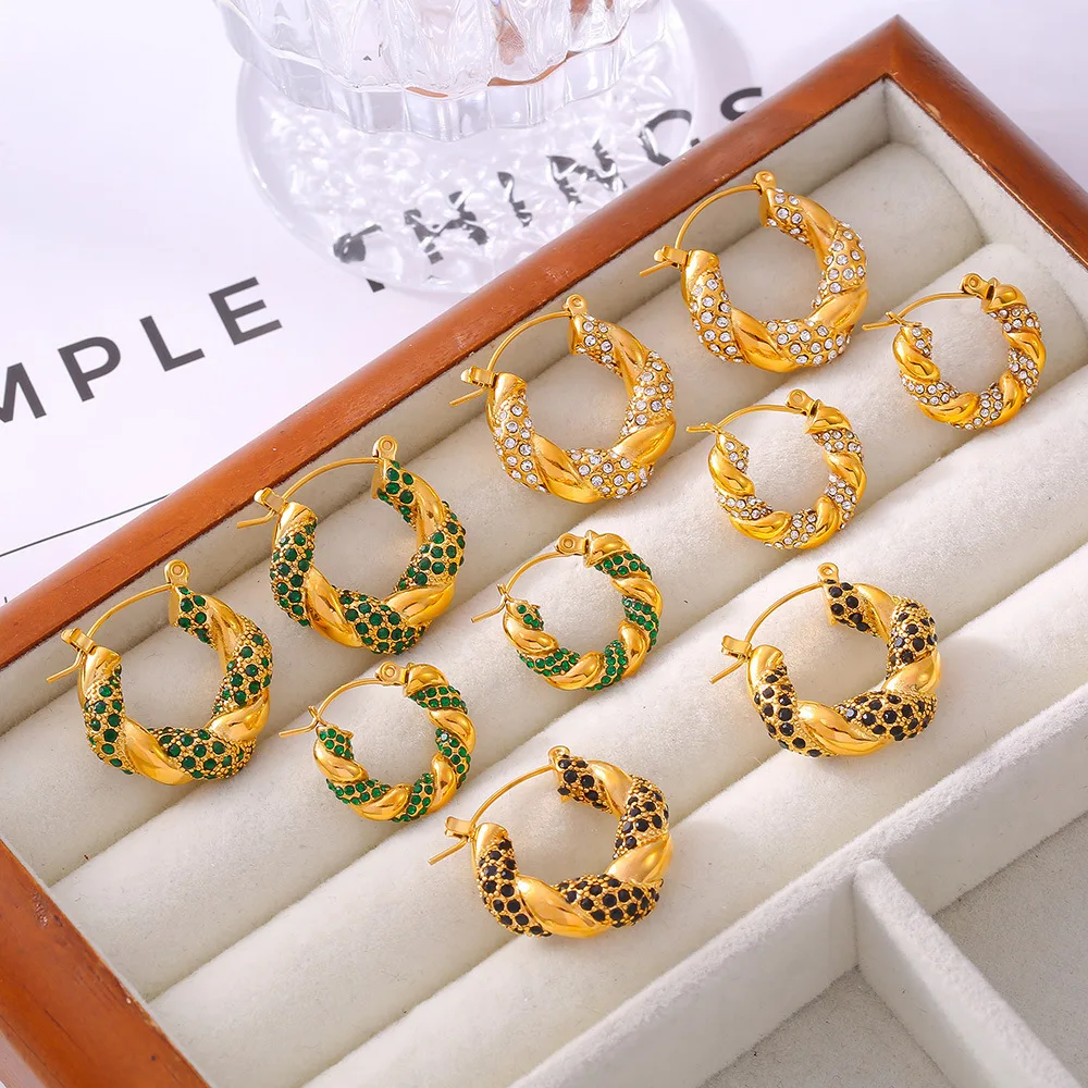 JINDOOR Titanium Steel Plated 18k Gold Twist Hoops, Trendy Vintage Zirconia Encrusted Women's Earrings