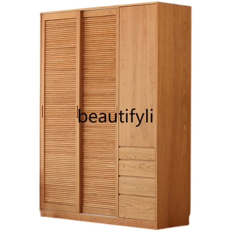 Japanese wardrobe pure solid wood shutter sliding door wardrobe cherry wood oak storage cabinet