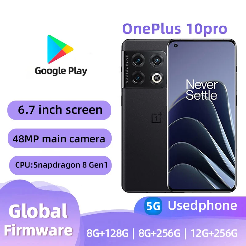 원플러스 10 프로 5G 스마트폰, 글로벌 롬, 아몰레드 디스플레이, 8GB, 128GB, 스냅드래곤 8Gen1, 80W, 5000mAh, 안드로이드 중고 휴대폰