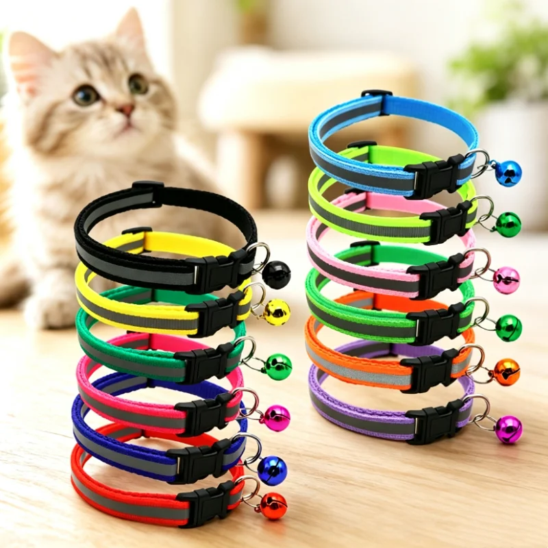 Adjustable Reflective Breakaway Cat Collar with Bell Safety Elastic Neck Ring Necklace Pet Supplies in Multiple Colors