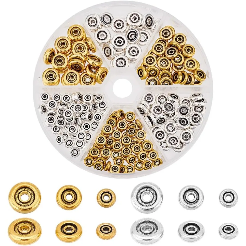 

220 Pcs Alloy Spacer Beads 2 Colors 3 Sizes Style Beads Charms Flat Round Small Loose Metal Beads for DIY Crafts Bracelets