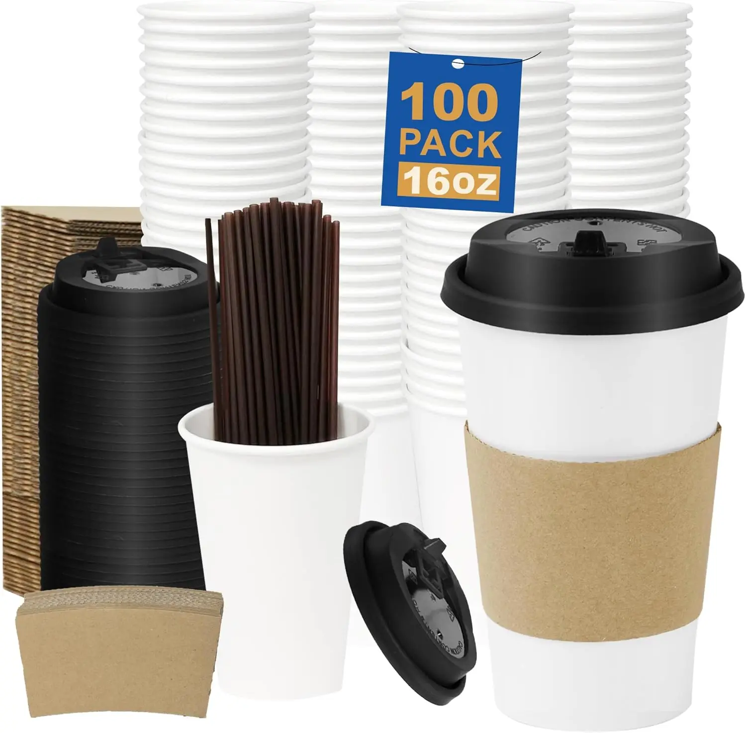 

16 oz 100 Pack Coffee Cups with Lids and Sleeves, Straws, Hot Disposable To Go Travel Paper Cups Bulk for Office, Home C