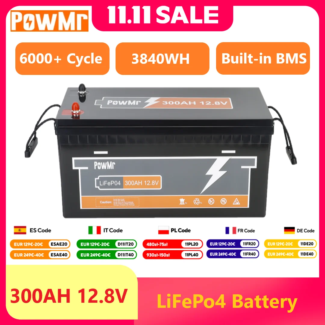 PowMr 12V 300AH LiFePO4 batterie au Lithium intégrée 250A BMS 6000 + batterie de Cycle 3840WH énergie pour panneau solaire chargeur de Camping