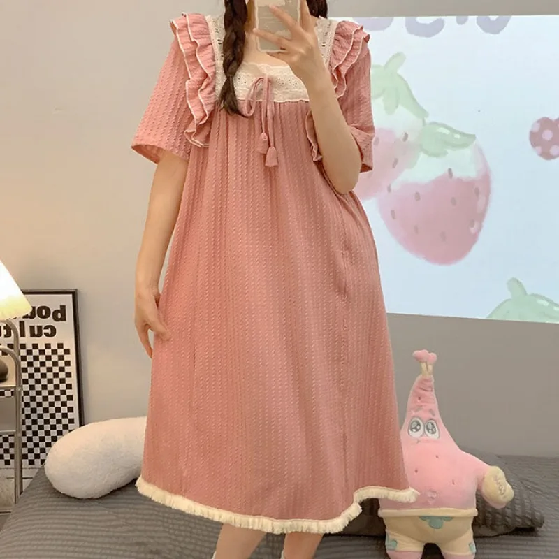 Sweet Nightgowns Women Short Sleeve Square Collar 3XL Age-reducing Kawaii Girls Princess Summer Leisure Homewear Ins Prevalent