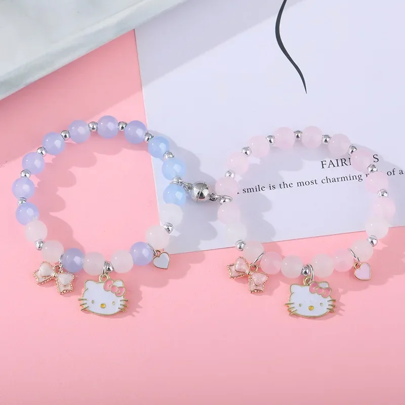 New 18cm Cartoon Charms Bracelets Kawaii Hello Kitty Pendant Imitation Pearl Crystal Glass Beads Bangle Jewelry Gifts for Girls