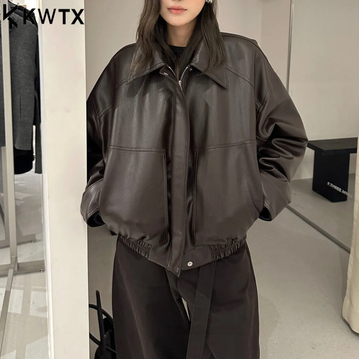 KWTX 2025 New Autumn Winter Women's Thickened Leather Biker Jacket Lapel Zipper Casual Elegant Comfortable Trendy Coat