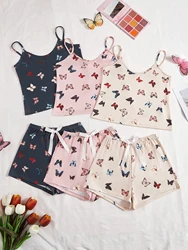 3 sets Women's new pajama set Butterfly pattern halter top shorts six-piece casual home wear