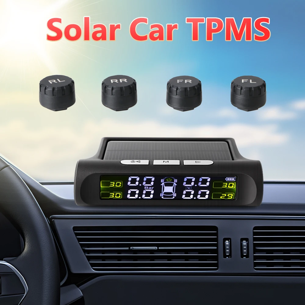 Sistema de monitoreo de presión de neumáticos con alarma de seguridad automática, carga Solar Universal, pantalla LCD Digital TPMS para coche inteligente