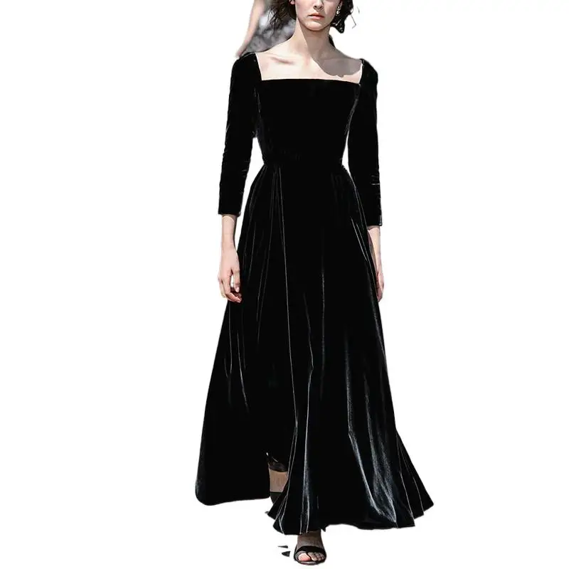 

England elegant vintage square collar maxi dress ,Autunm long sleeve velvet party dress 2024 Winter velour dress women clothing