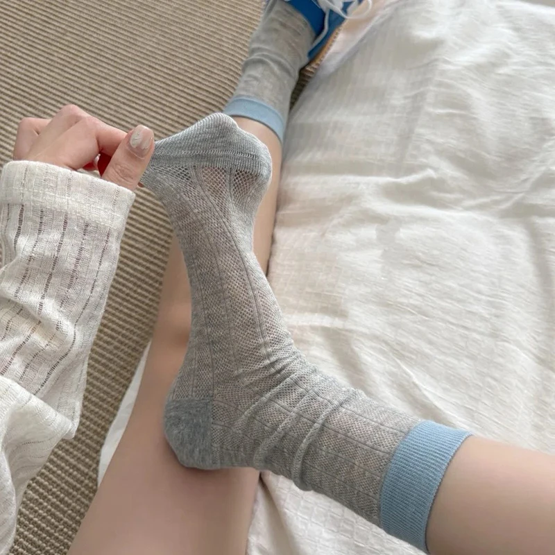 5/10 Pairs Frauen Mesh Farbe Blockiert Mitte Rohr Socken Frühling Sommer aushöhlen Dünne Design Atmungsaktive Weiche Bequeme Casual Socken – Detail 8