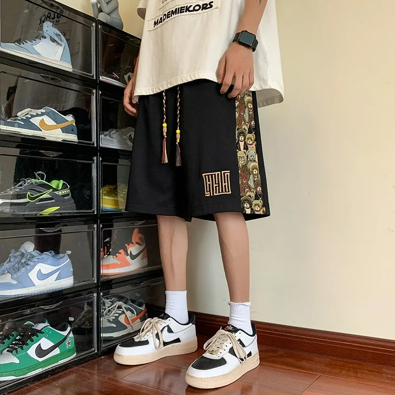 

Bear Embroidery Patchwork orts Men's Summer Five-Point Casual Loose Mid-Waist Vintage American Sle Oversize Pants