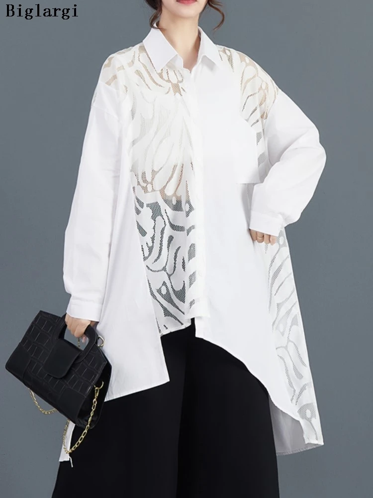 

Oversized Spring Shirts Tops Women Lace Patchwork Irregular Fashion Hollow Out Ladies Blouses Loose Pleated Woman Shirt Coat