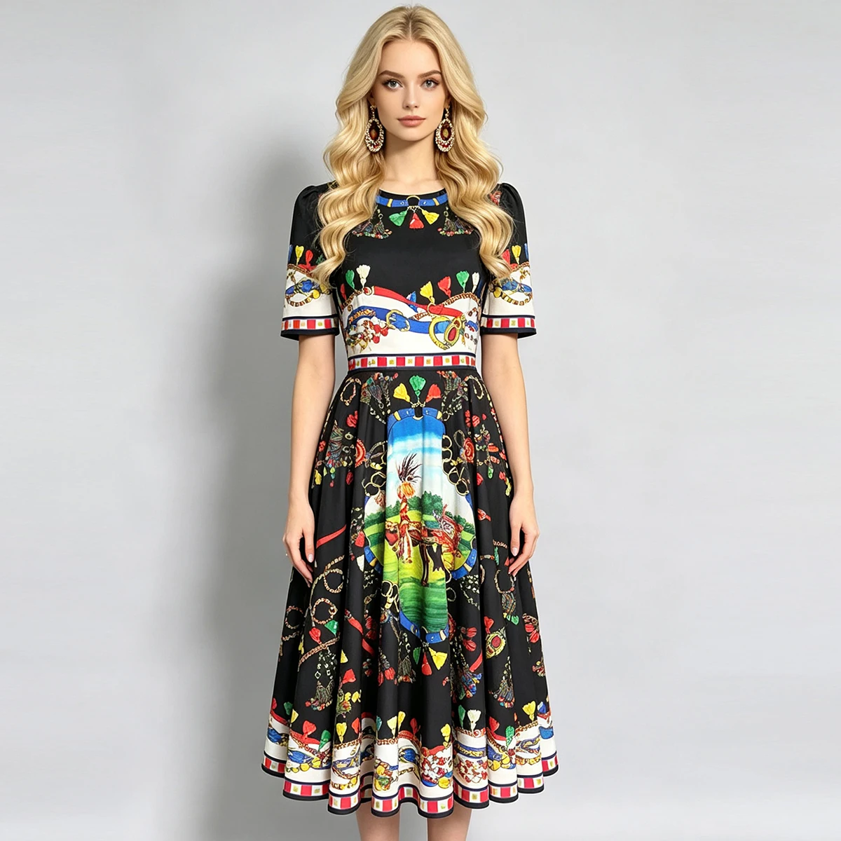 2026 High Waist A-Line Dress Short Sleeve round Neck Positioning Print Sweet Style City Commute Polyester Fiber 100% Women's ...