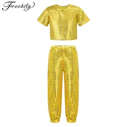 Kids Boys Girls Hip Hop Jazz Dance Costume Shiny Sequins Short Sleeve Crop Top with Pants Street Dance Stage Performance Costume