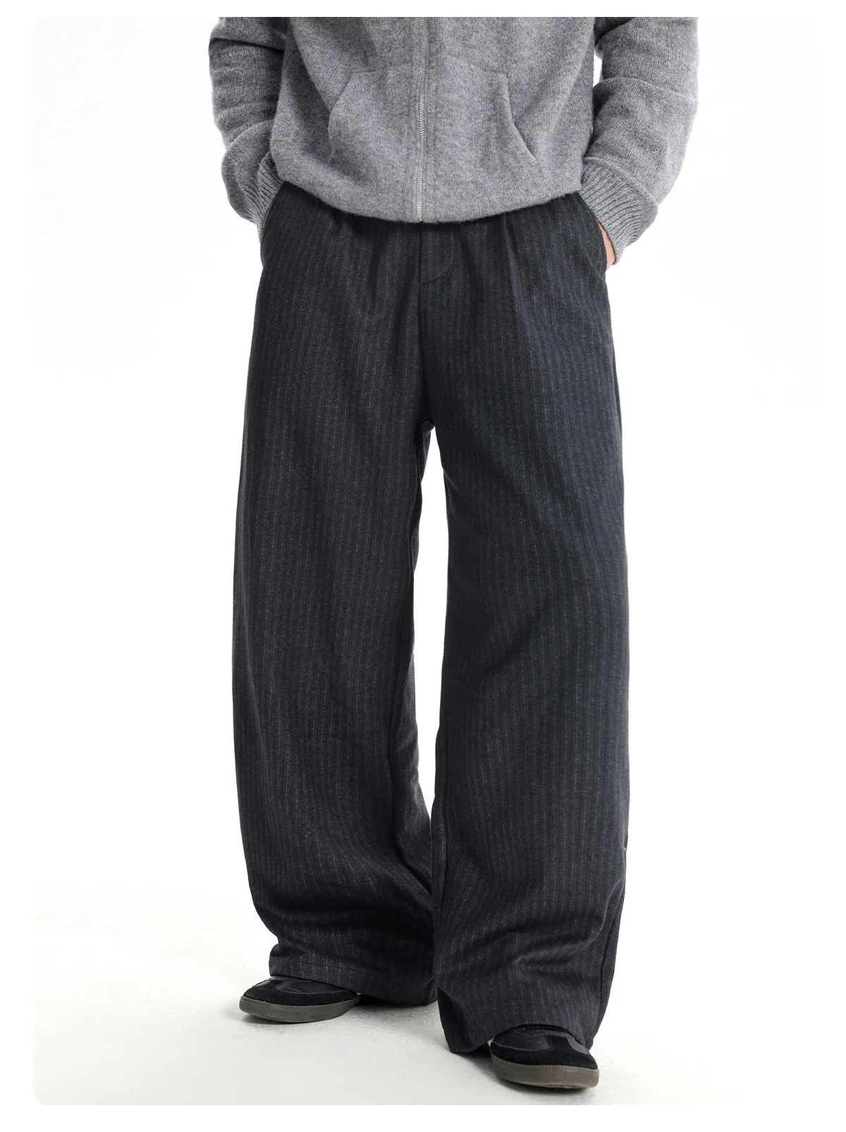 Heavyweight Wool-Look Casual Pants Men Warm Drapey Vertical-Striped Pleated Loose-Fit Suit Pants Autumn Winter