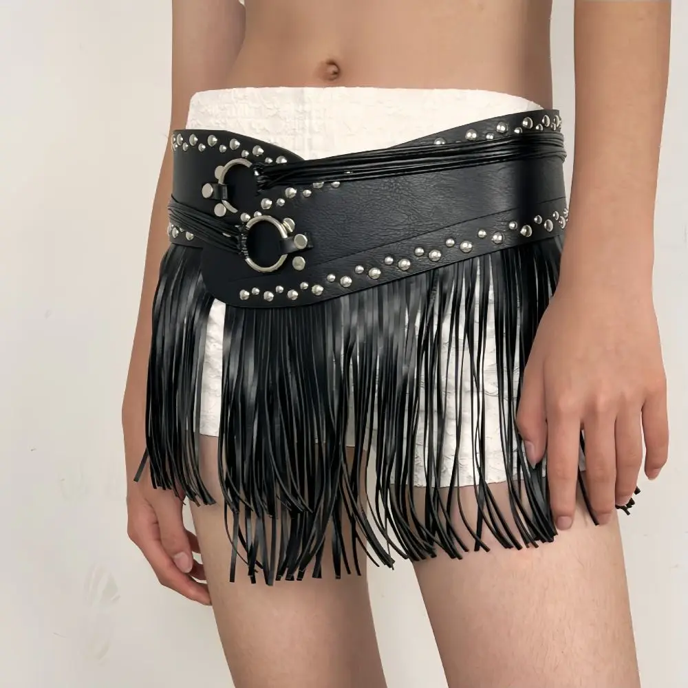 Trendy PU Leather Tassel Belt Punk Style Vintage Wide Belt Western Cowboy Patchwork Design Rivet Belt High Street