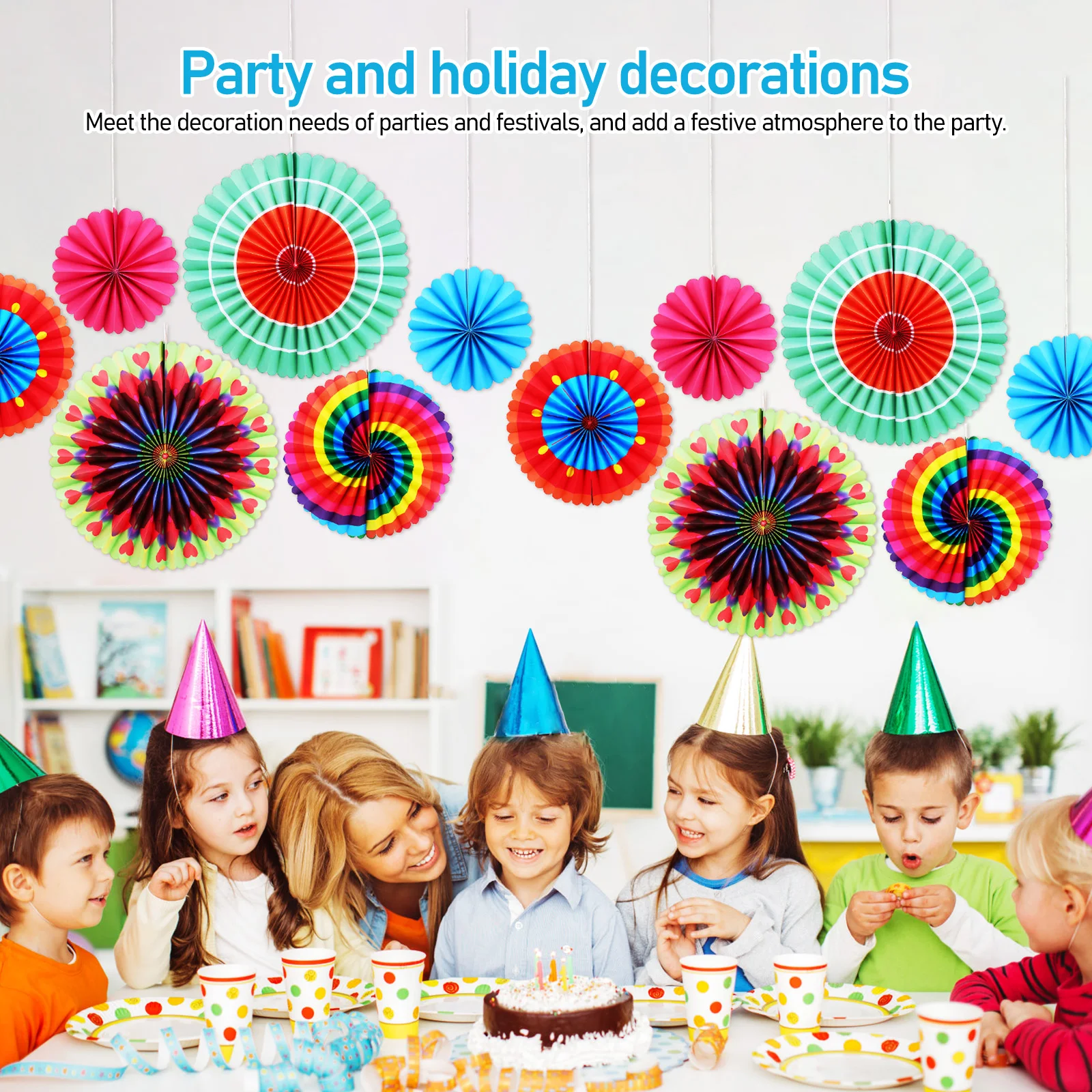 

6pcs Round Folding Paper Fans Colorful Hanging Party Holiday Decorations Tail Style Christmas Tree naments