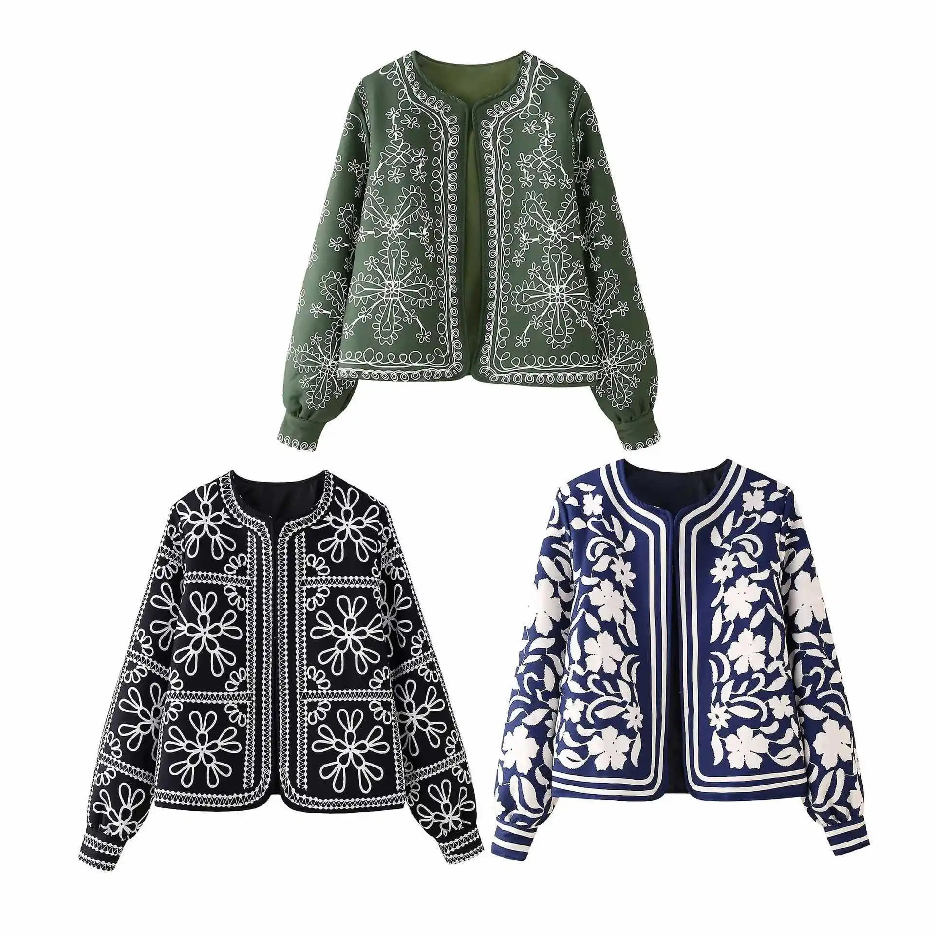 

Women's round Neck Printed Cotton Jacket Casual European And American Street Style Thin Outerwear for Ladies