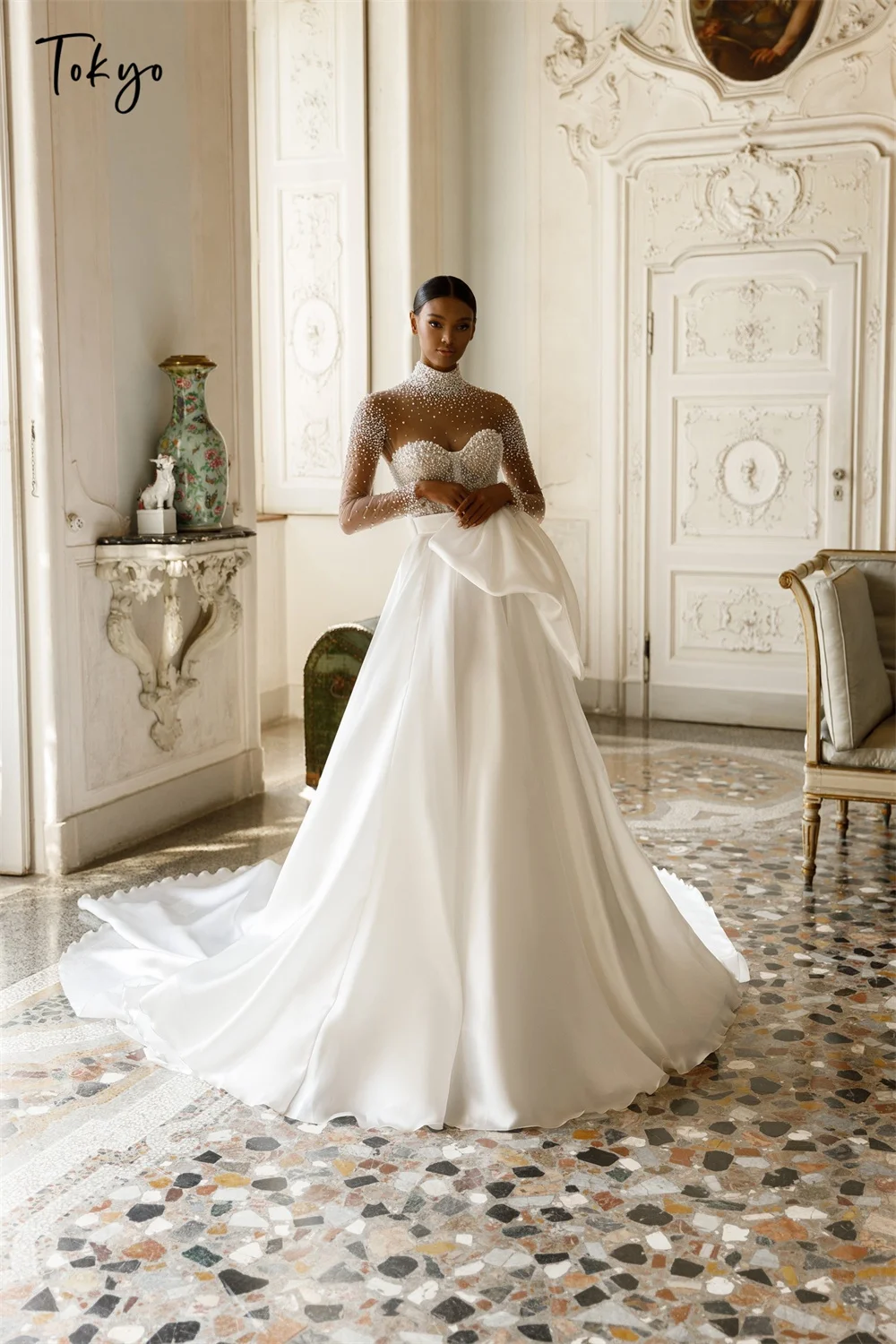 

Элегантные свадебные платья с круглым вырезом по индивидуальному заказу, свадебные платья с длинными рукавами и молнией со шлейфом, 2025 г., белые свадебные платья трапециевидной формы