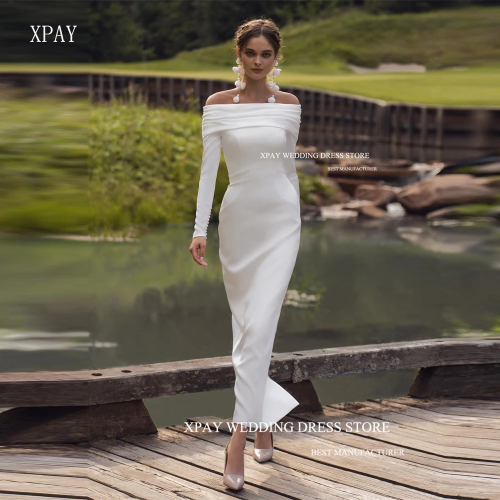 

XPAY Simple Off the Shoulder Long Sleeves Wedding Dresses Soft Satin Ankle Length Bridal Gowns White Formal Party Dress