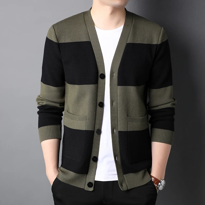 

Cardigan Male Sweaters High Quality V Neck Computer Knitted Casual Striped Men's Sweaters Spring Autumn Man Sweaters 3XL