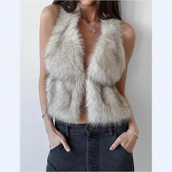 

Women's Svel Fur Vest Artificial Leather Bal Strap Top Waist-Cinching V-ne ort Length Faionable Coat