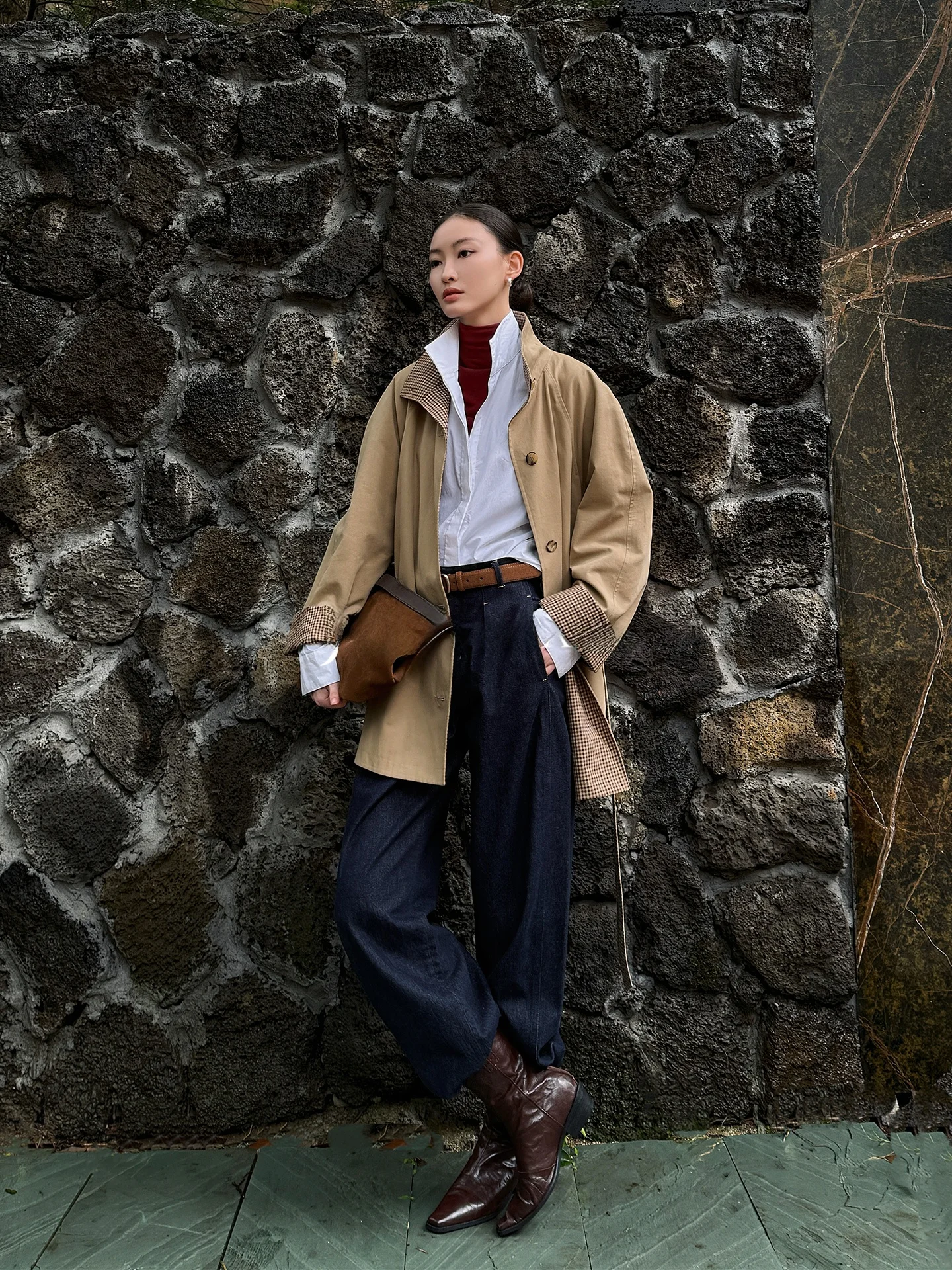 Calças de Algodão Denim de Cintura Alta com Pregas, Versáteis para o Dia a Dia, Calças Longas de Primavera, Estilo Old Money, Calças Casuais JIEJI ZHANG