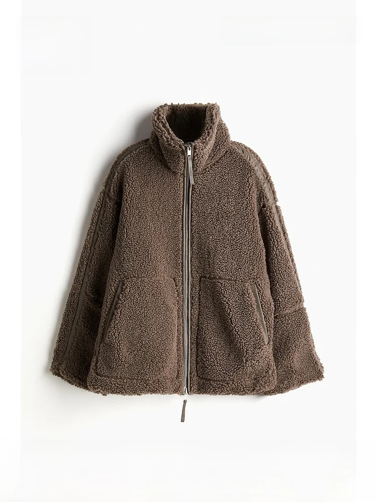 

H&M Women's Teddy Fleece Lamb Velvet Open Cardigan Loose Stand Collar Short Outerwear Outdoor Style Polyester Fiber