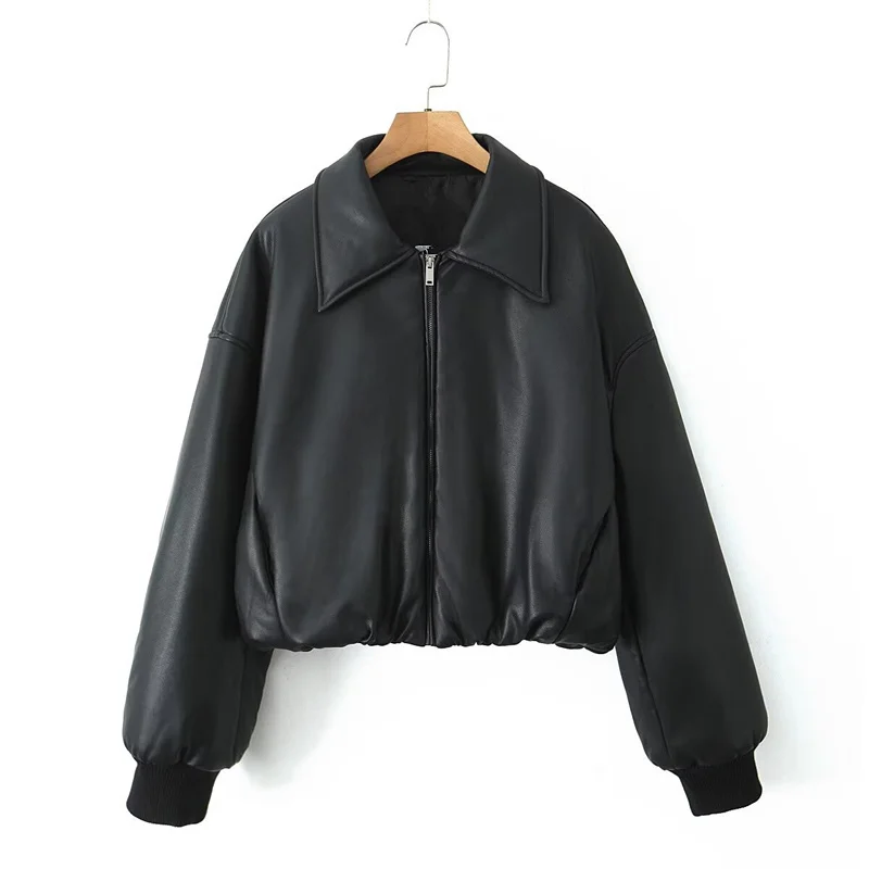 Maxdutti Ins Fashion Blogger Vintage Parka Coat Women French-Style Lazy And Soft Leather Black Color Jacket Women