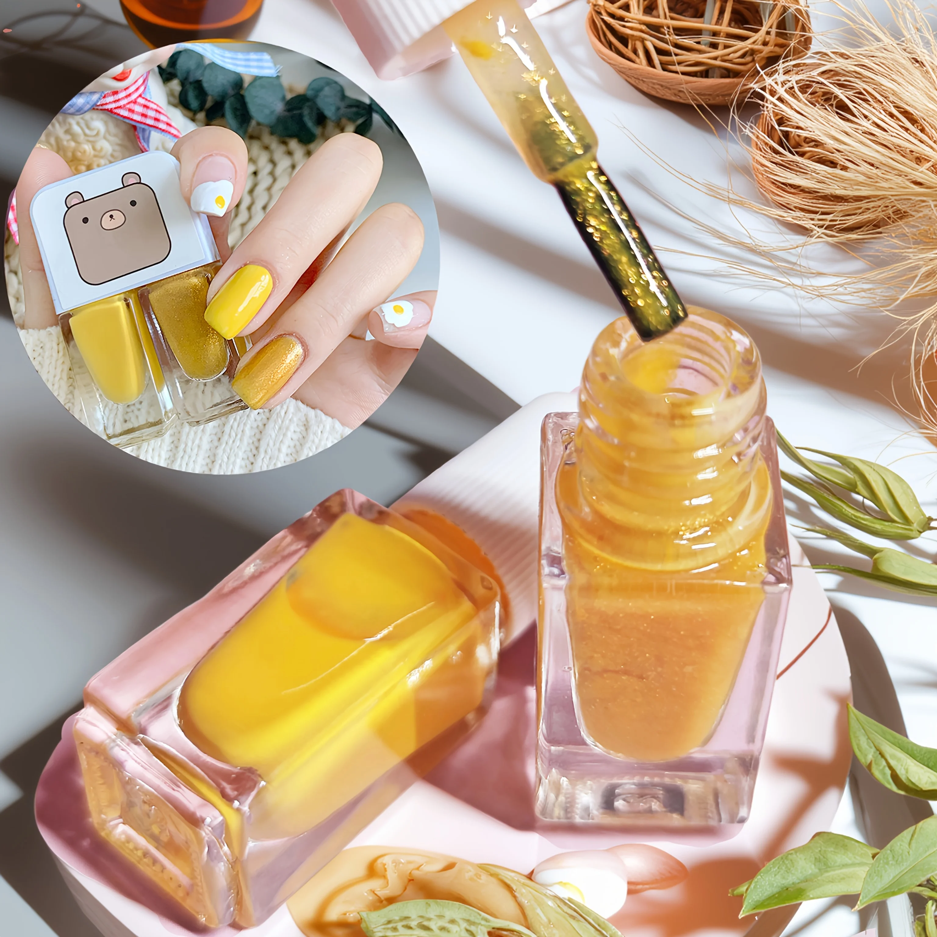 D25 Yellow Fairy Nagellack mit 2 Flaschen, kein Backen, schnell trocknender, langlebiger, abziehbarer, dreifarbiger Nagellack auf Wasserbasis