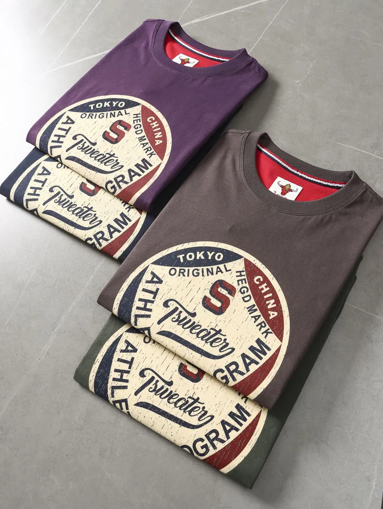 2025 Summer New American Retro Short Sleeve O-neck Letter Printed T-shirt Men's Fashion 100% Cotton Washed Casual Sports Tops