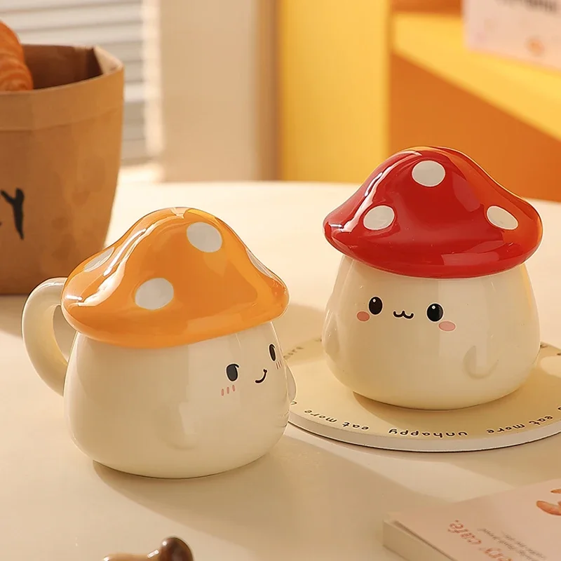 Mushroom Mug with Lid Ceramic Cups Household Lovers Cute Breakfast Cups Home Decorative Tableware Cartoon Ceramic Mug 400ML