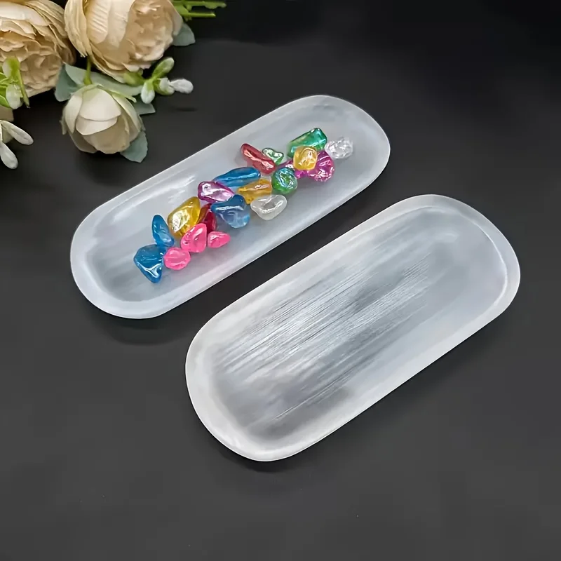 1pc Selenite Bowl Plate Ornament, Irregular Oval Carved Quartz Crystal, Crystal Storage Decoration, Gift for Friend Crystal view 4