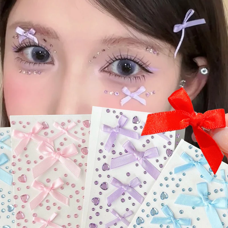 3D Face Jewelry Diamond Tattoo Stickers Sweet Ribbon Bow Sparkly Crystal Self Adhesive Face Body Party Makeup Sticker Decoration
