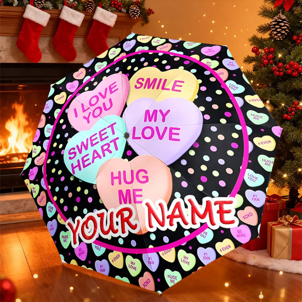 Custom Name Umbrella， Colorful Heart-Shaped Candy Design Folding Umbrella ,Portable Folding Umbrella, Christmas Gift