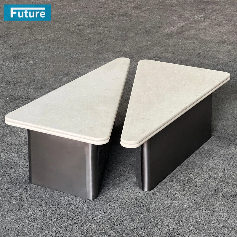 

Light Luxury Carrara White Marble Coffee Table Irregular Table with Dual Triangle Design Metal Legs Center Table with Mable Top