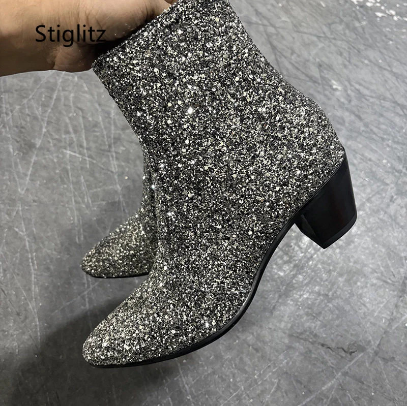 Sequined High Heels Chelsea Boots for Men Bling Bling Luxury Pointed Toe Side Zip 6Cm Cowhide Ankle Boots Party Wedding Shoes