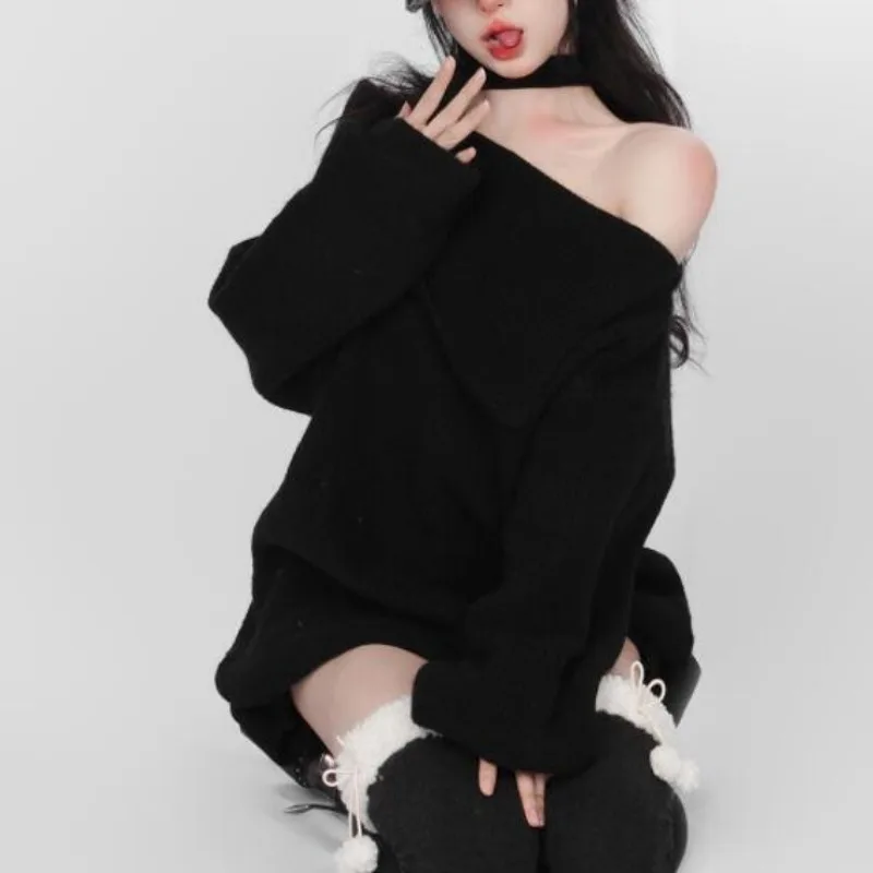 Deeptown Kpop Black Knit Halter Sweater Women Off Shoulder Sexy Y2K Long Sleeve Pullovers Jumpers Female Lazy Wind Gyaru Jerseys